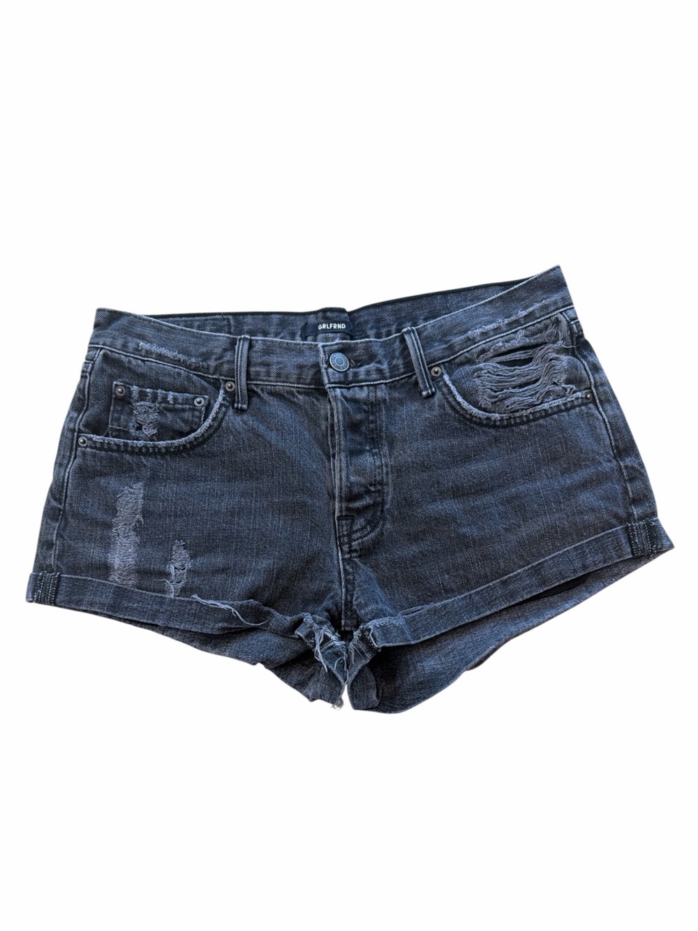 GRLFRND Black Distressed Rolled Hem Denim Shorts